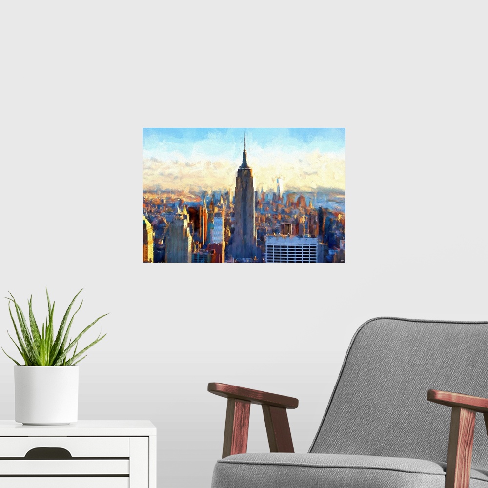A modern room featuring Artistic painterly photograph of the Empire State building in Manhattan, New York city.