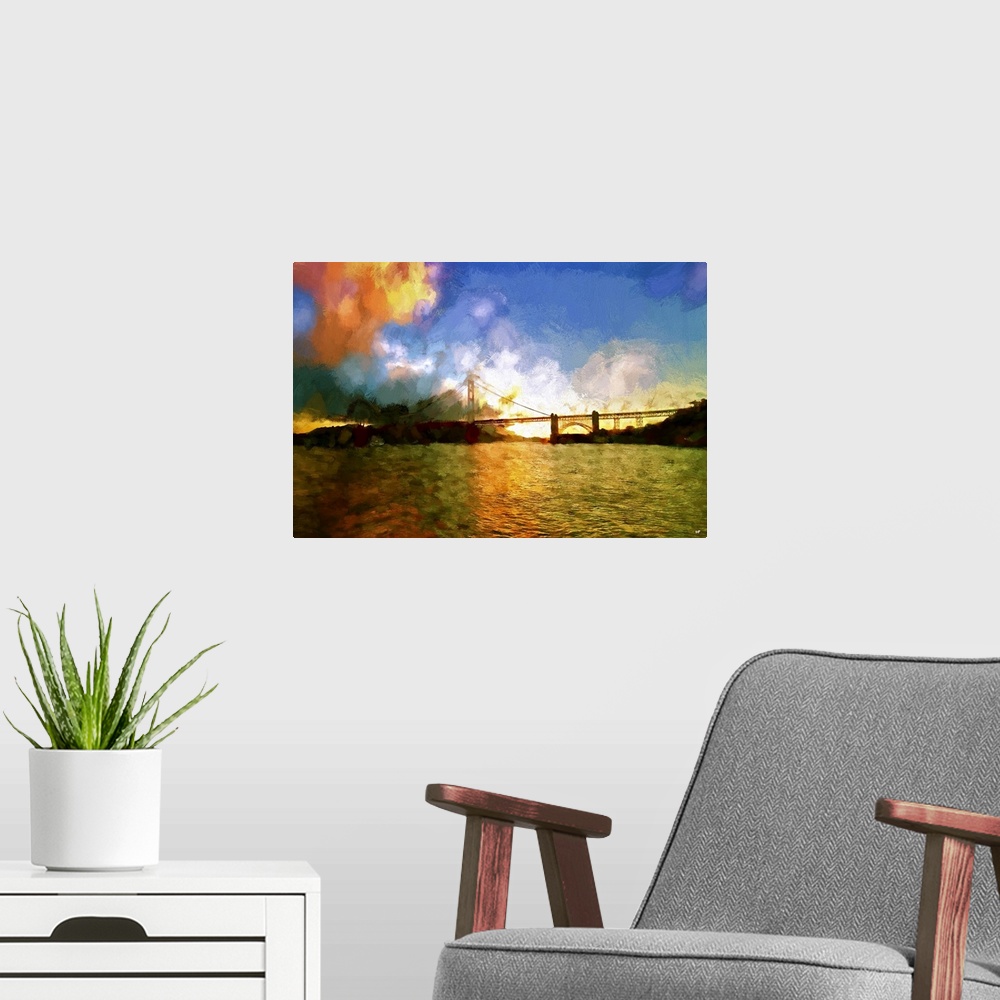 A modern room featuring A photograph with a painterly effect of San Francisco, California.