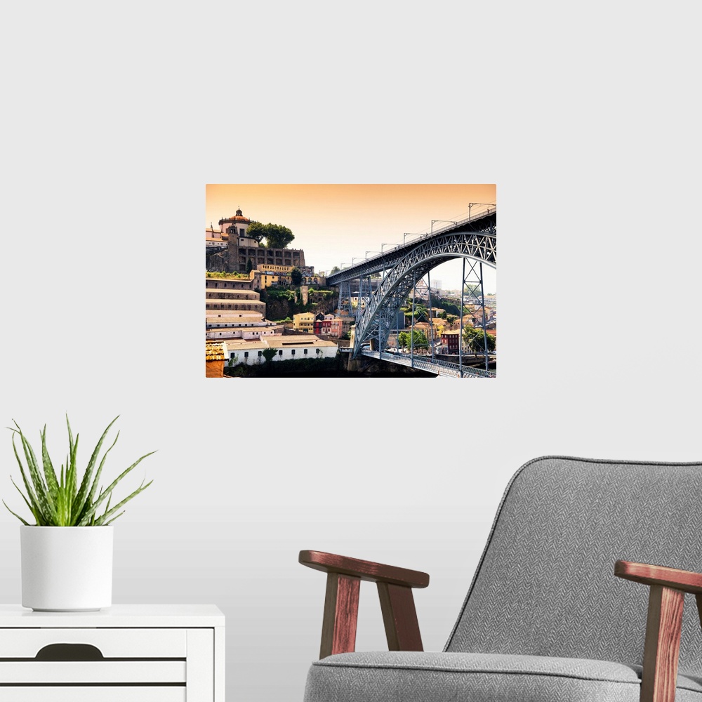 A modern room featuring It's a landscape picture at sunset of the city of Porto (Portugal) with the Dom Luis bridge.