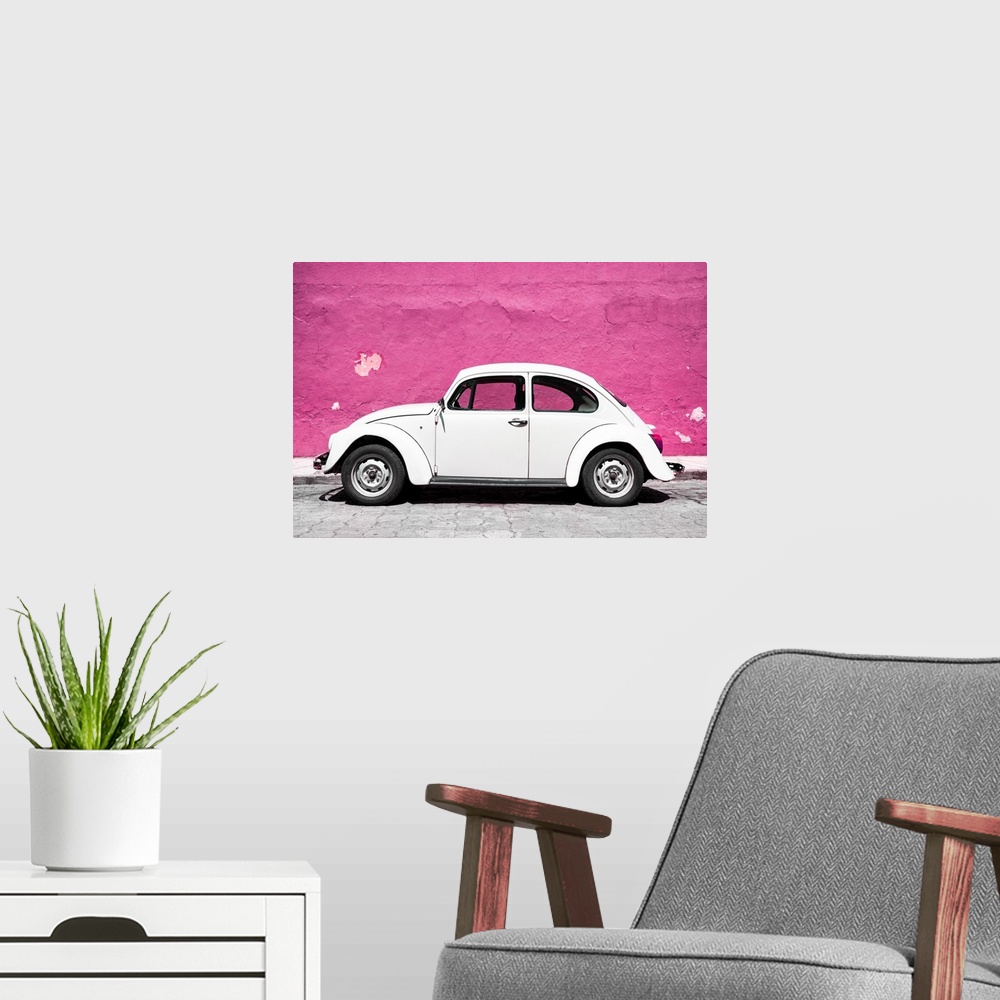 A modern room featuring Photograph of a class white Volkswagen Beetle parked in front of a bright pink wall in Mexico. Fr...