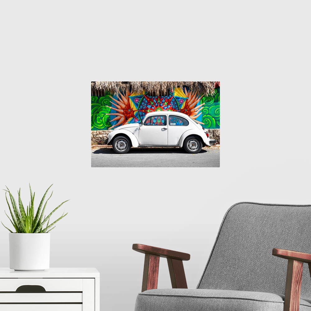 A modern room featuring Photograph of a classic white Volkswagen Beetle parked in front of a wall covered in colorful gra...