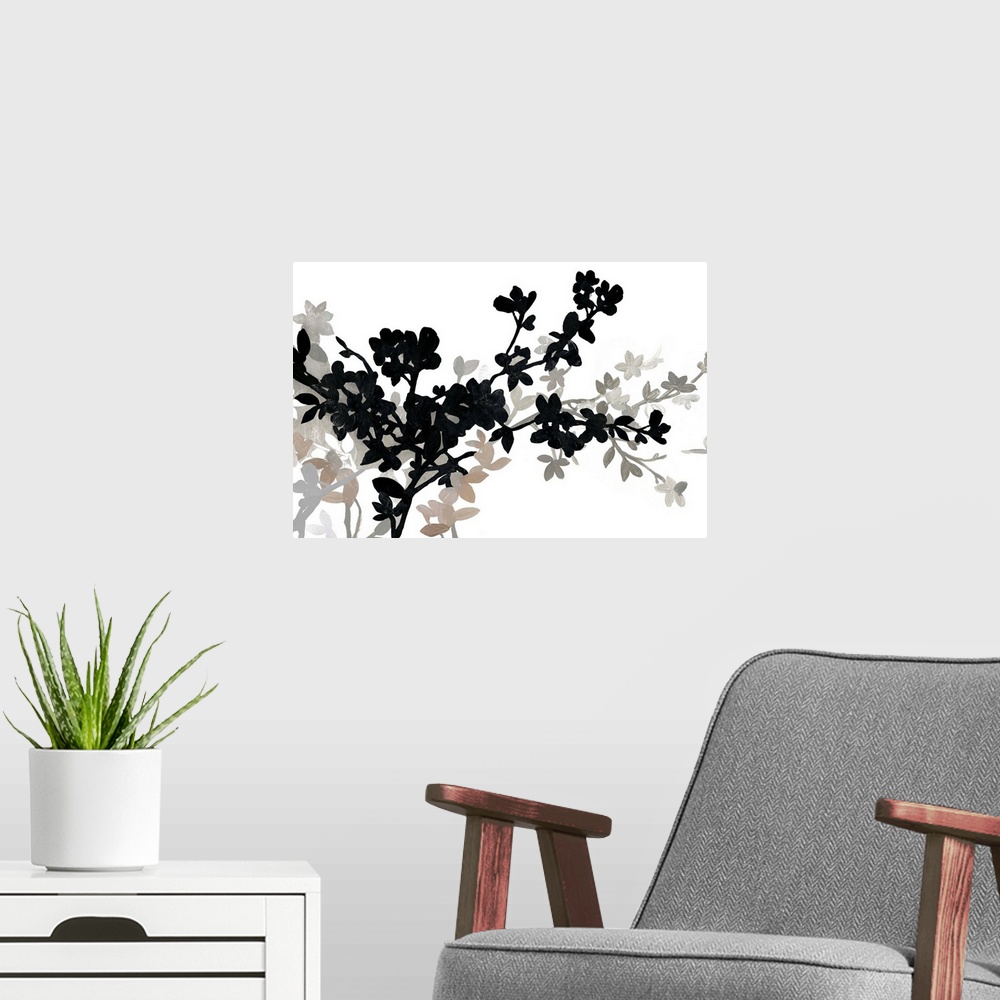 A modern room featuring A contemporary painting of apple blossoms in varies shades of black and gray.