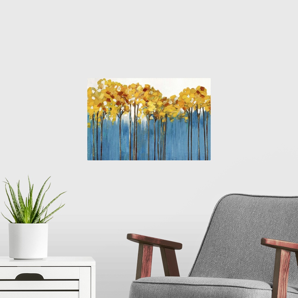 A modern room featuring Contemporary painting of a row of slender trees with amber leaves over periwinkle blue.