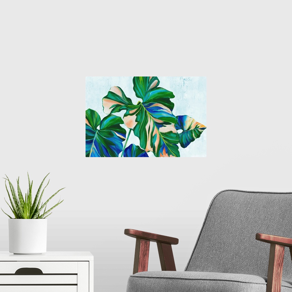 A modern room featuring Blue Tropical Leaves II