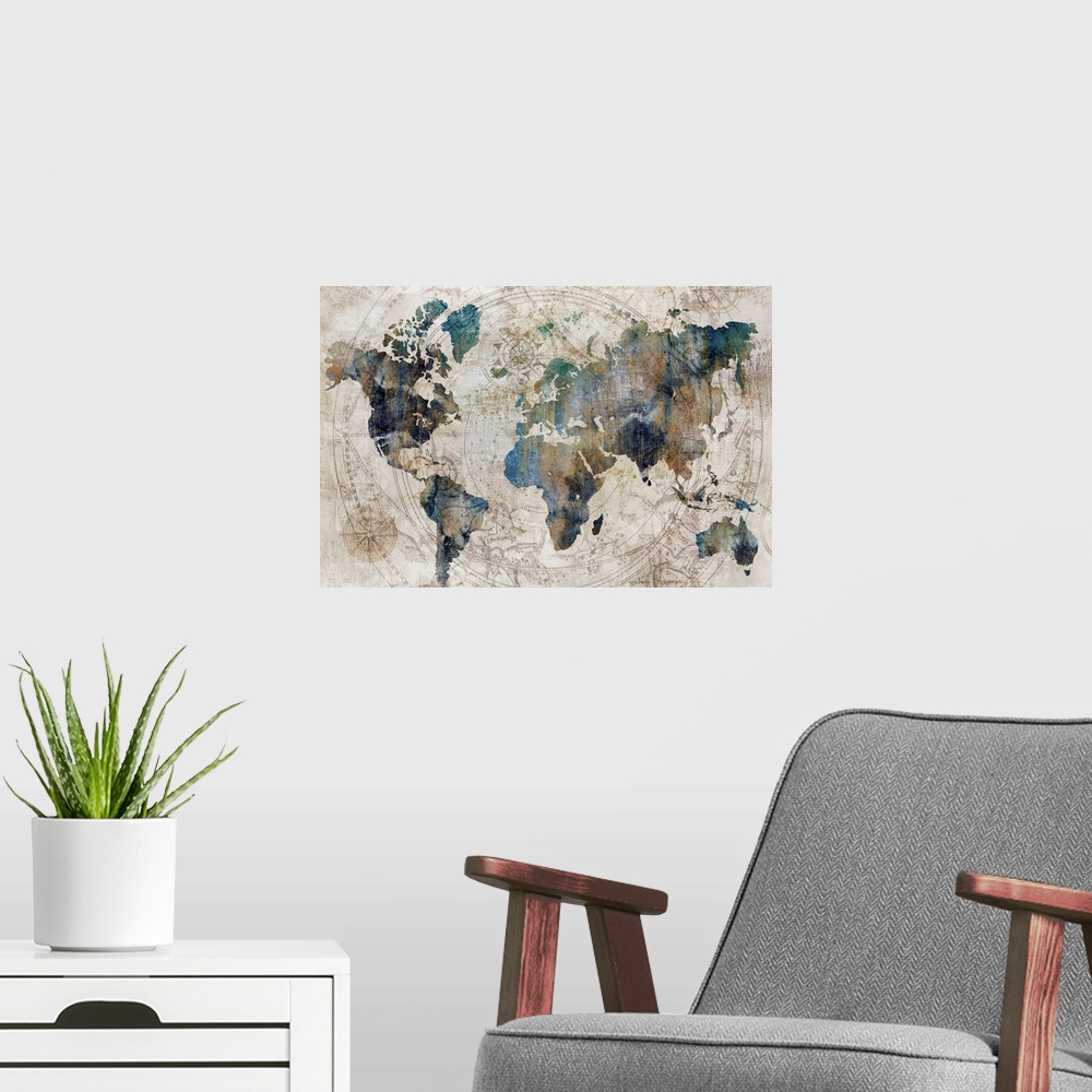 A modern room featuring Antique-looking map in blue with celestial patterns in the background.