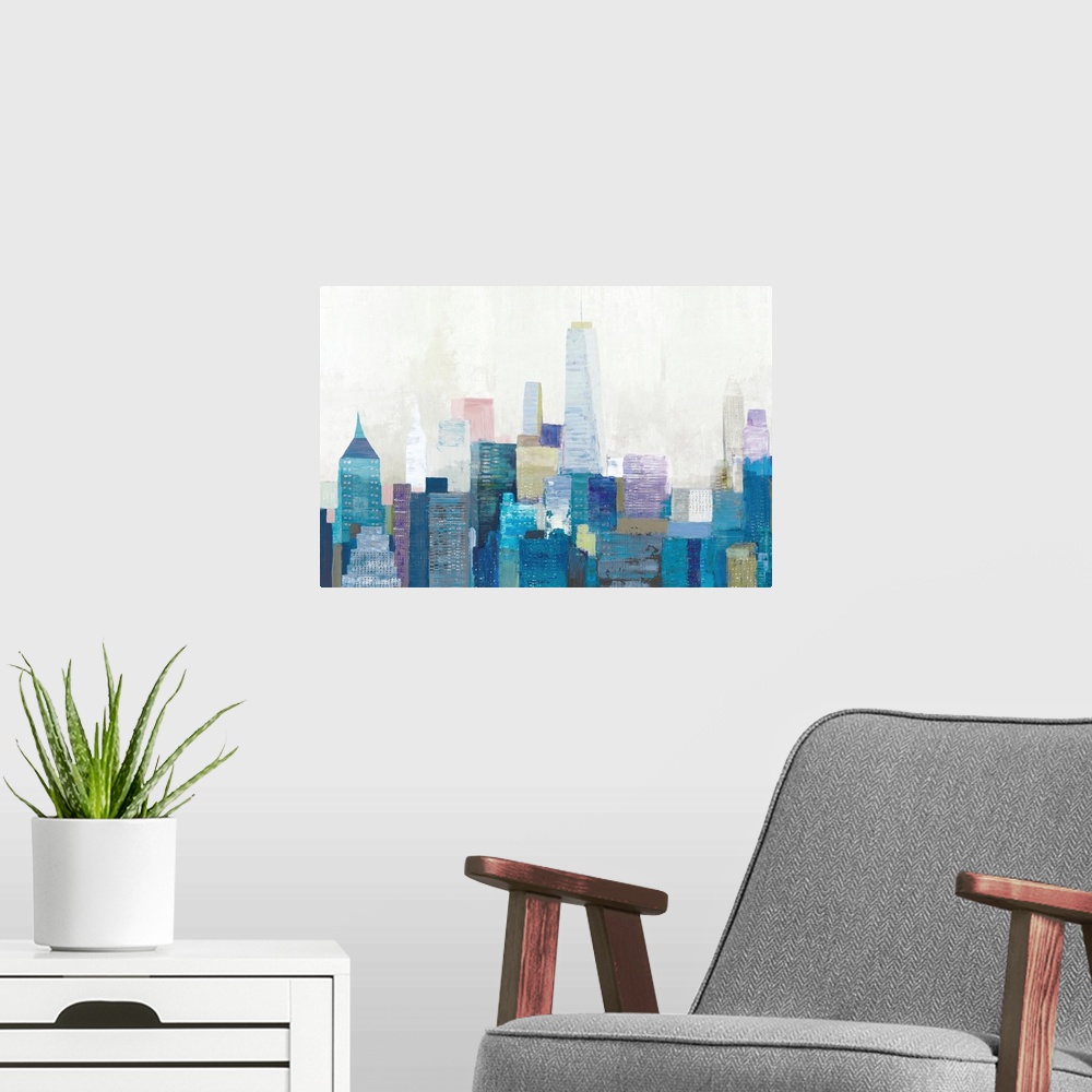 A modern room featuring A multi-color painting of the city skyline of New York City.