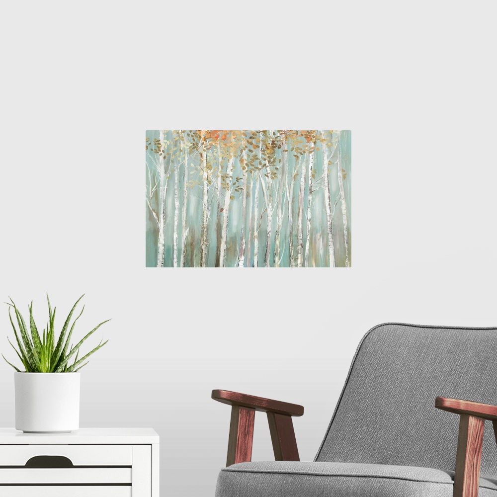 A modern room featuring Contemporary horizontal painting of a forest of birch trees with warm colored leaves.