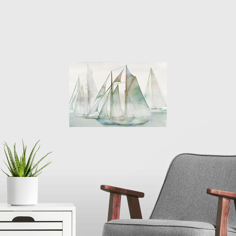 A modern room featuring Watercolor painting of several sailboats in the mist.