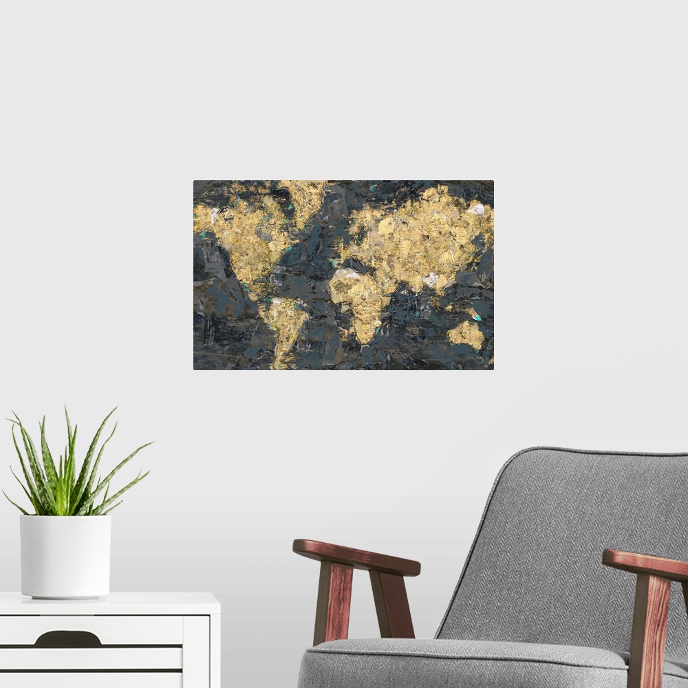 A modern room featuring A textured abstract painting of the world map in gray and gold colors.