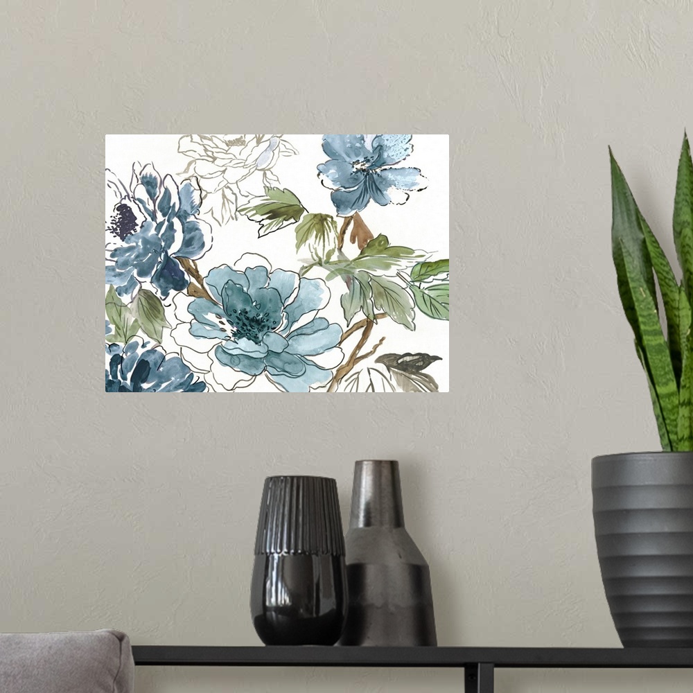 A modern room featuring A contemporary painting of flowers with featured colors of blue, green, and brown.
