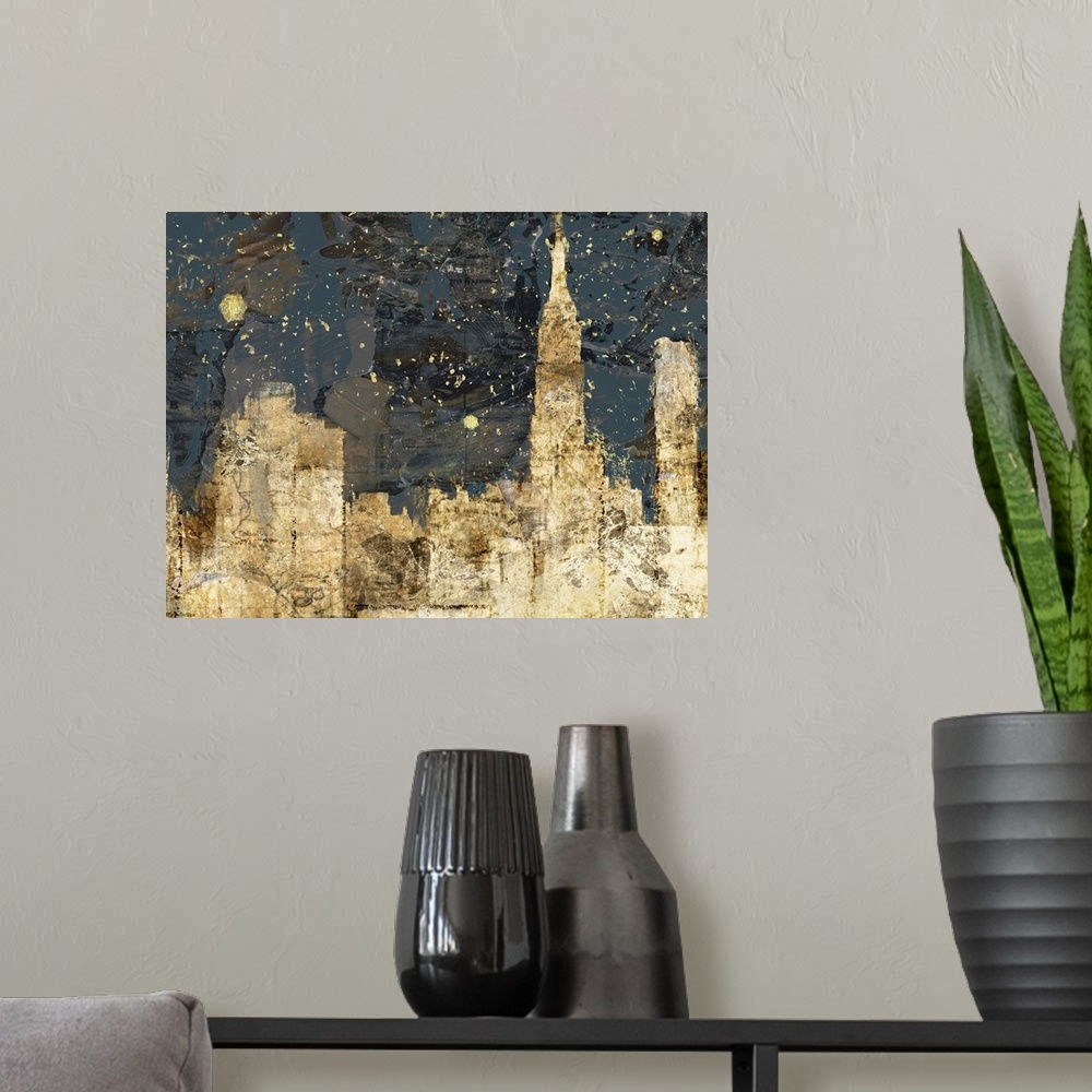 A modern room featuring An abstract city night scene in golden textures.