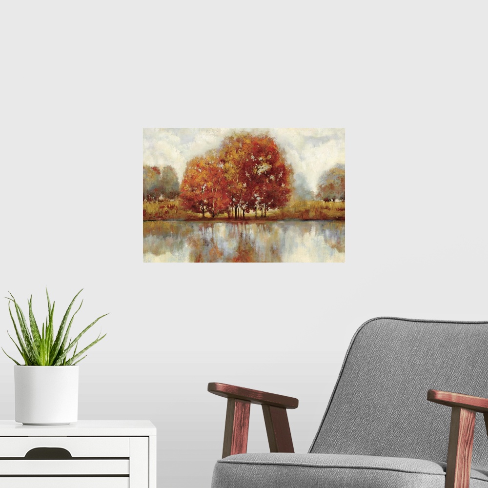 A modern room featuring Contemporary painting of a countryside forest scene in autumn foliage.