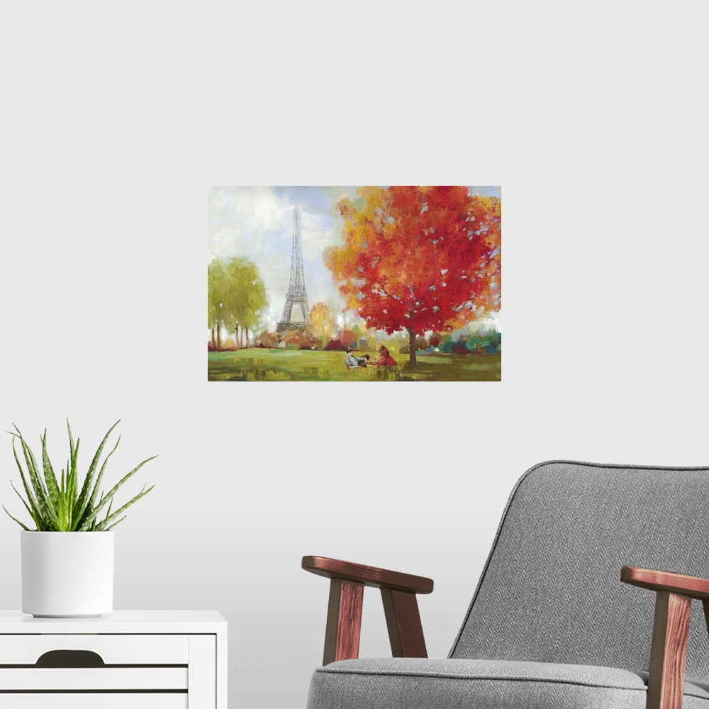 A modern room featuring A horizontal painting of a park scene in Paris of a couple having a picnic near the Eiffel Tower.
