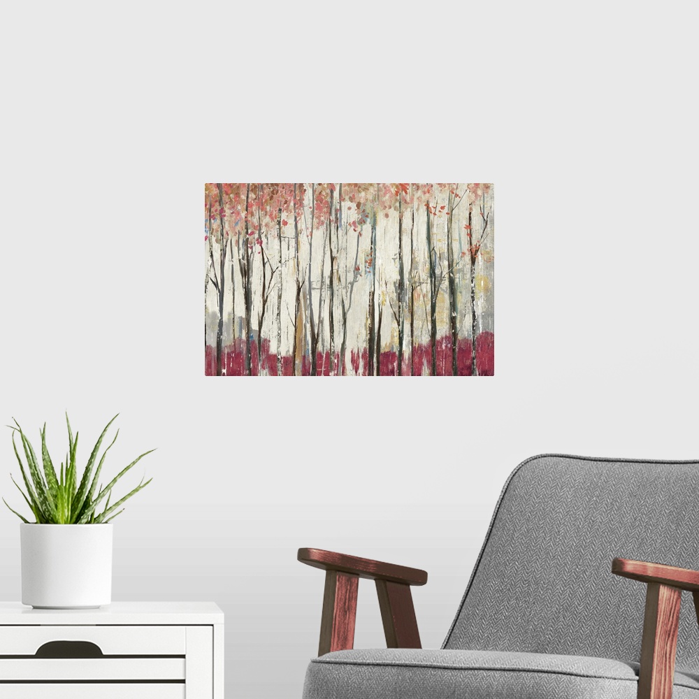 A modern room featuring Contemporary home decor artwork of a red forest.