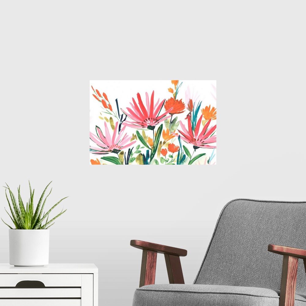 A modern room featuring A contemporary painting of bright flower blooms on leaf covered stems against a white backdrop.