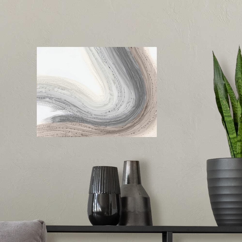 A modern room featuring Vertical abstract painting in a curved shape.