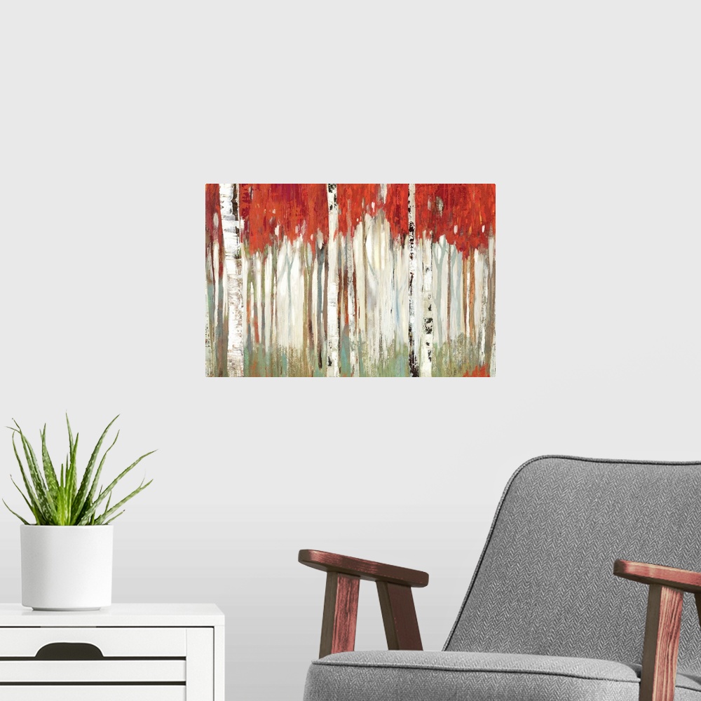 A modern room featuring Contemporary artwork of a white birch forest with vivid red leaves contrasting the pale green for...