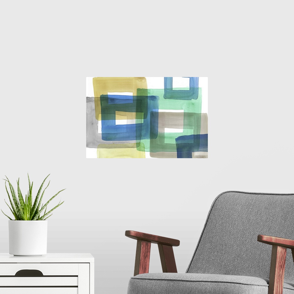 A modern room featuring Contemporary abstract home decor art using geometric shapes and vibrant watercolors.