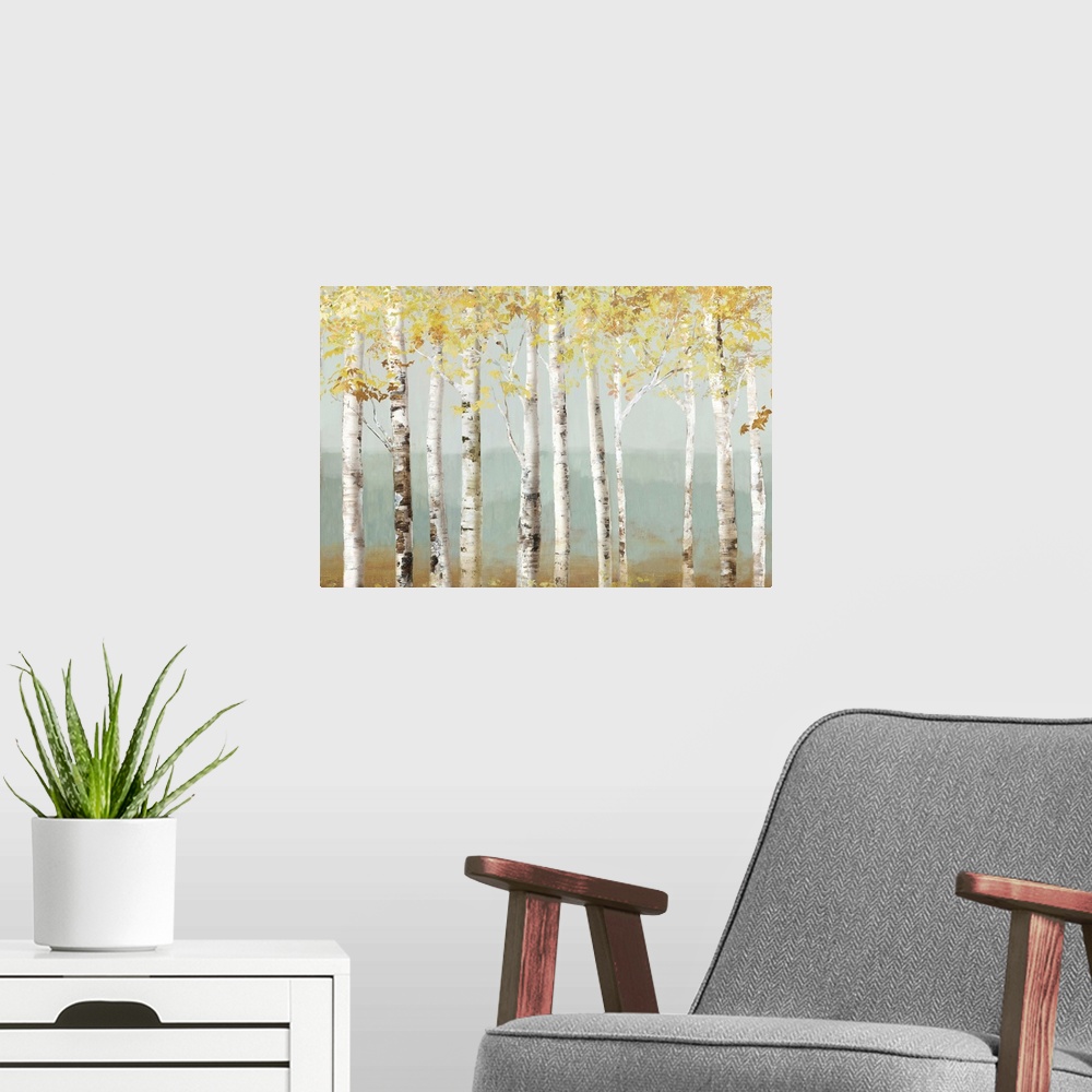 A modern room featuring Contemporary painting of a white birch forest with golden leaves.