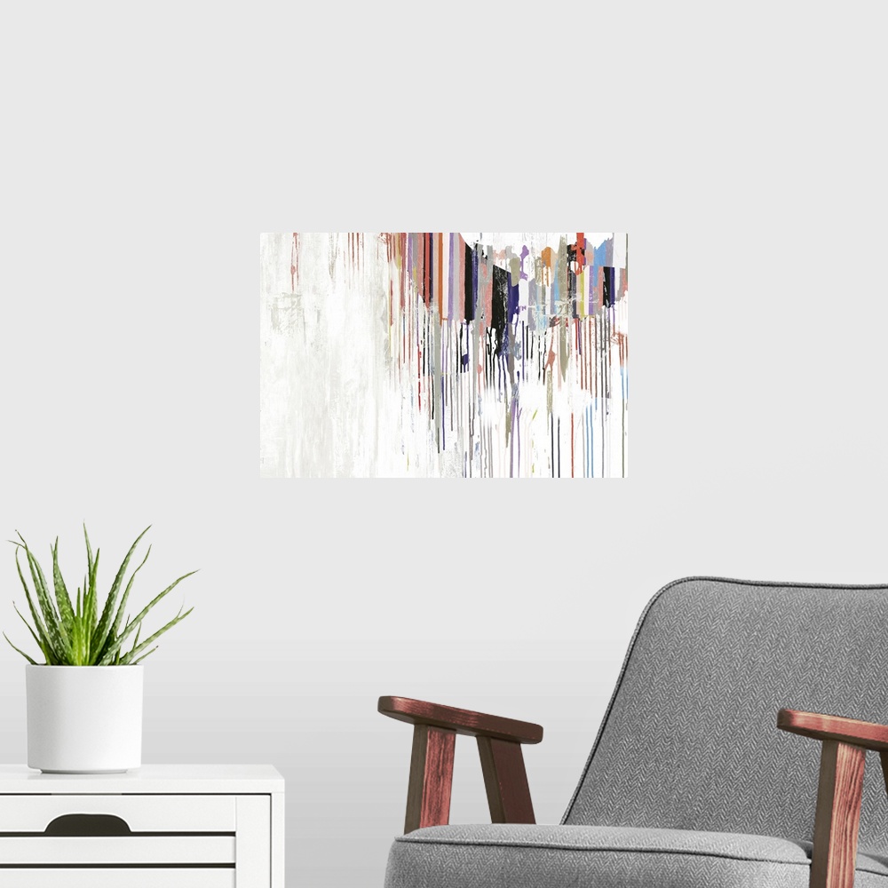 A modern room featuring This abstract painting of streaks of paint makes a wonderful decorative accent for the home or of...