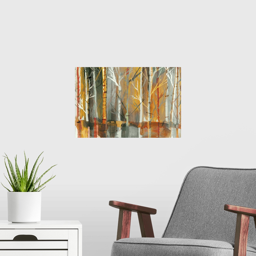 A modern room featuring Contemporary home decor artwork of a dense forest in rich warm tones.
