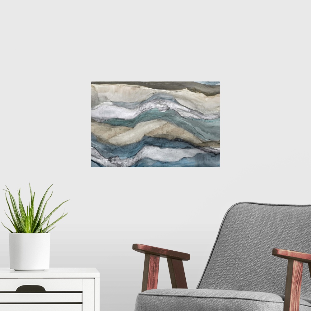 A modern room featuring Watercolor waves in muted brown and blue tones.