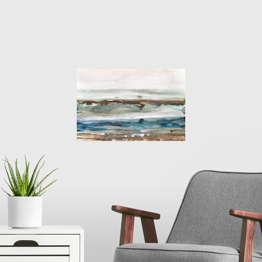 A modern room featuring Abstract seascape of waves crashing against a sandy shore.