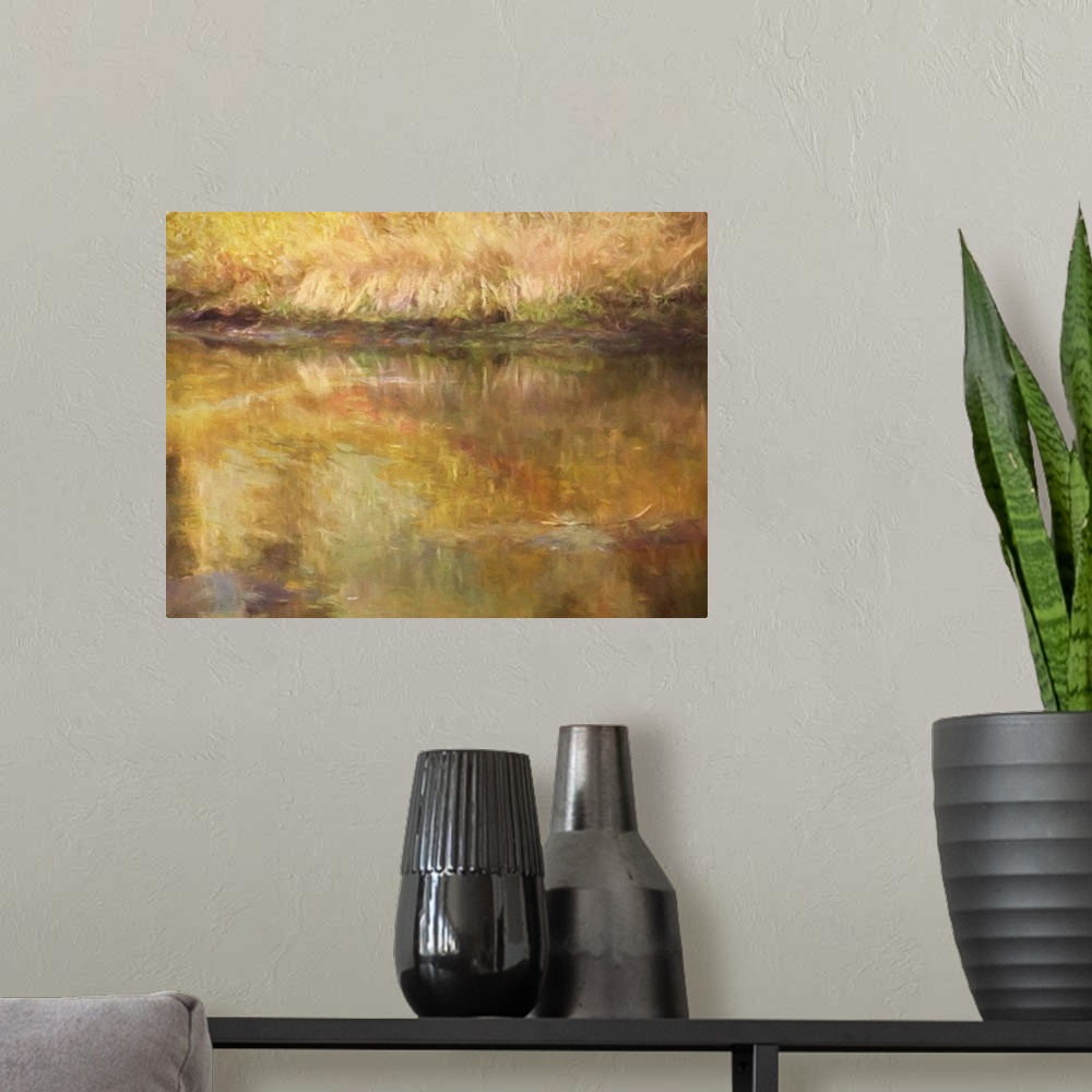 A modern room featuring Digital painting of a pond bank and water reflections in autumn.