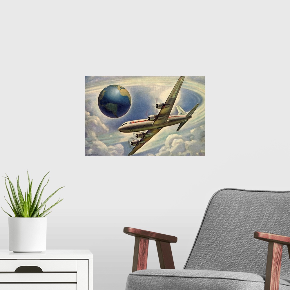 A modern room featuring Plane Circling Globe