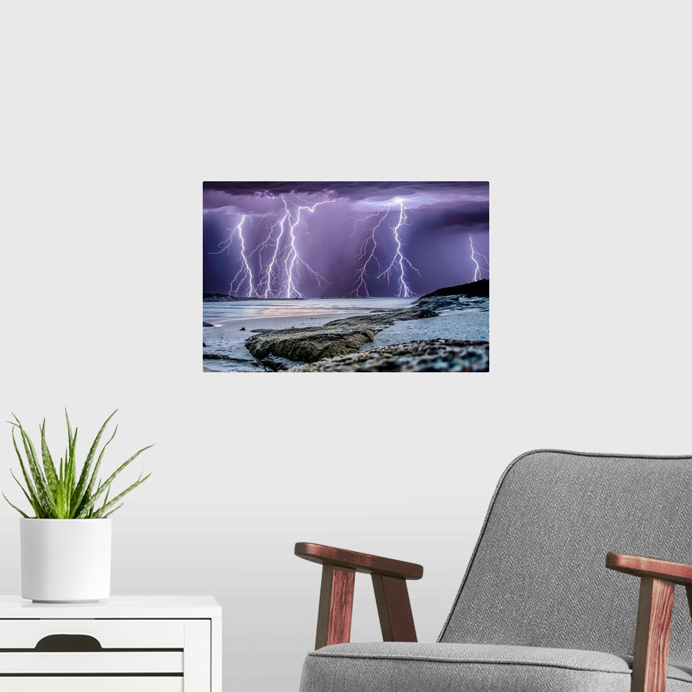 A modern room featuring Multiple lightning strikes over the ocean near Denmark, Western Australia.