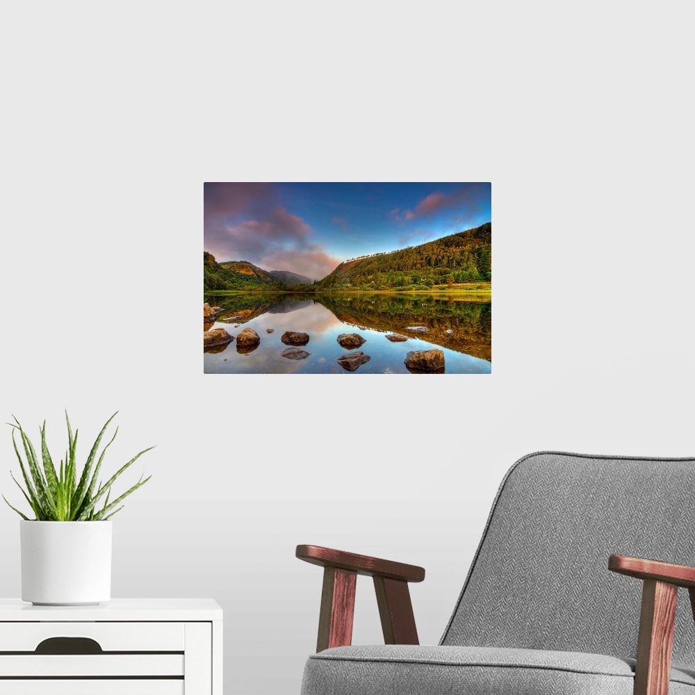 A modern room featuring An early morning at Glendalough Lake.