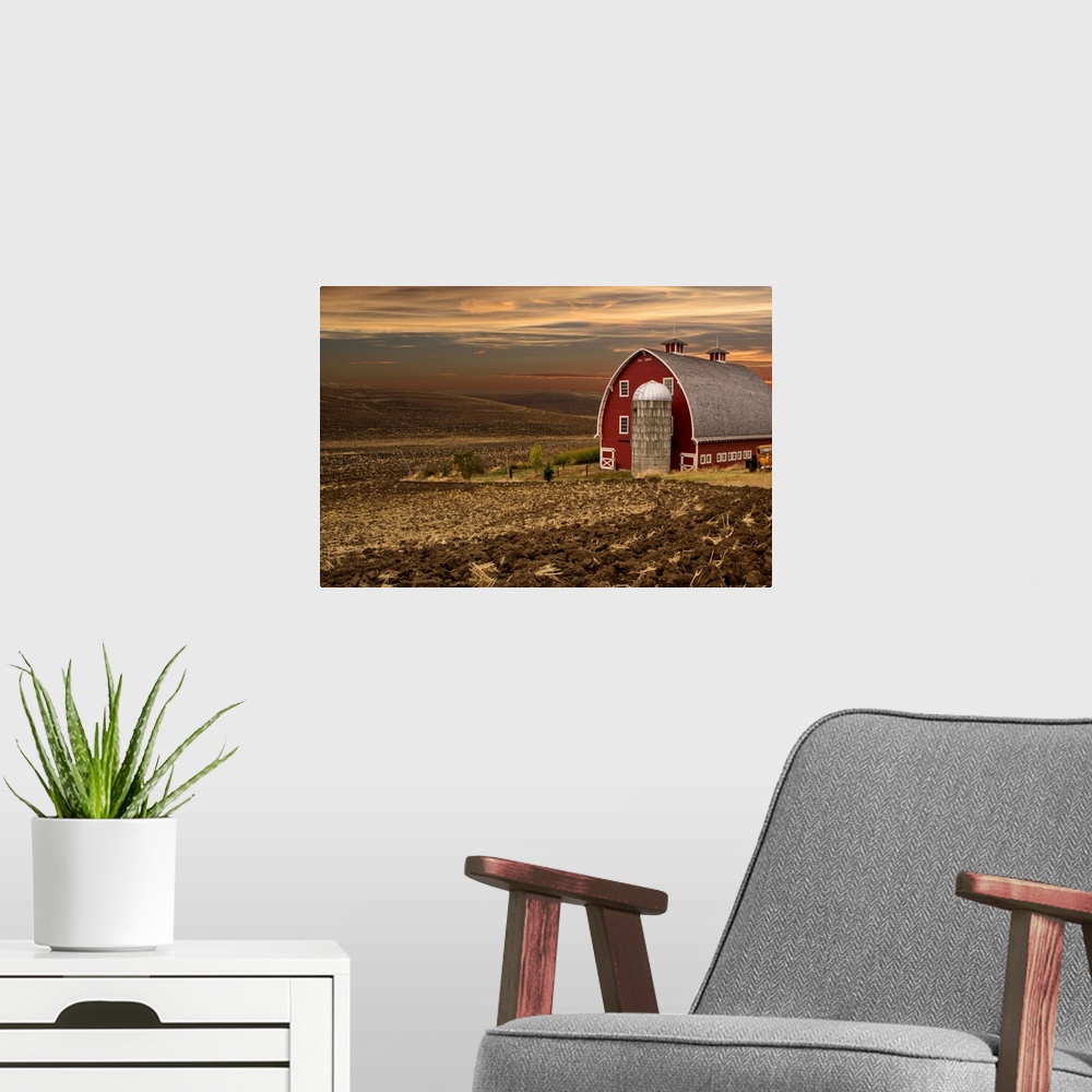 A modern room featuring Large red barn at sunset, Palouse, Washington.