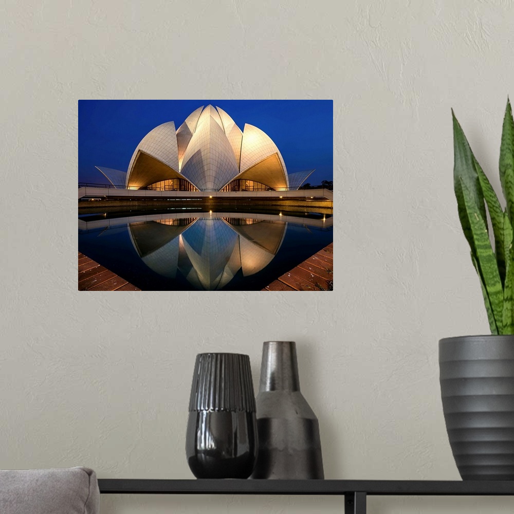 A modern room featuring Only Baha'i temple in Asia, Lotus Temple, Delhi, India.