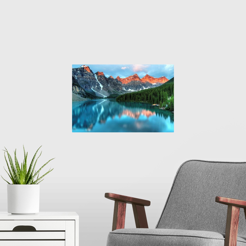 A modern room featuring Taken at the peak of color during the morning sunrise at Moraine lake in Banff National park.
