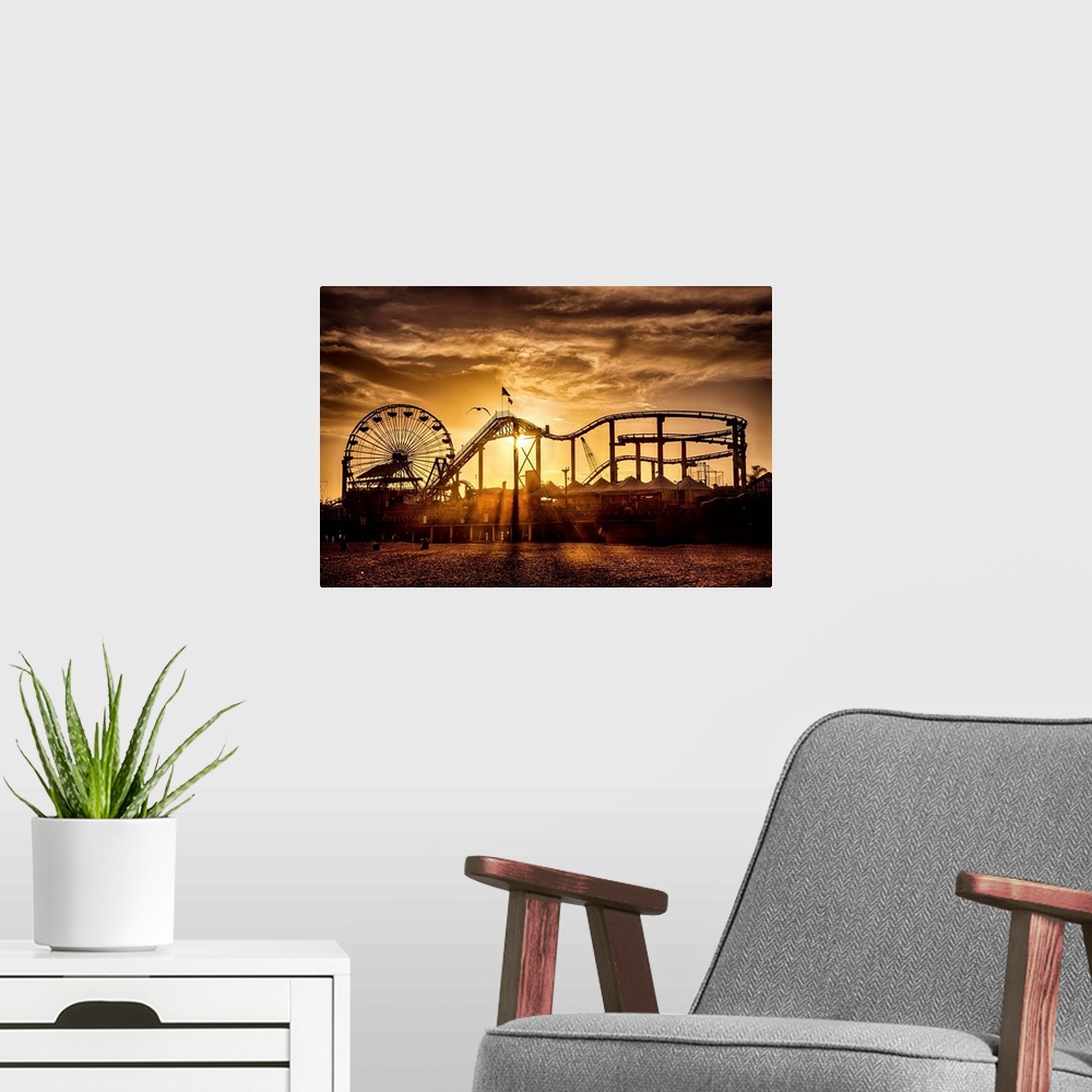 A modern room featuring Silhouettes of the amusement park rides in Malibu, California.