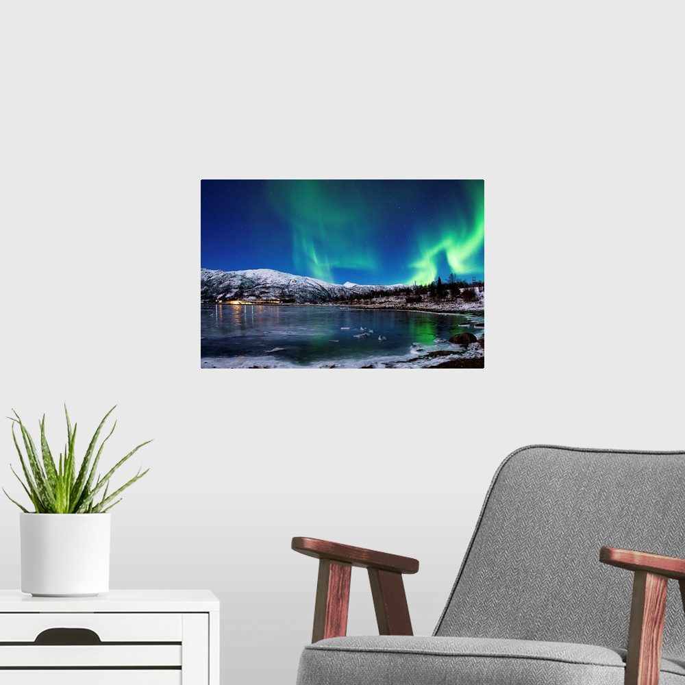 A modern room featuring Aurora Borealis over Lodingen, Norway.