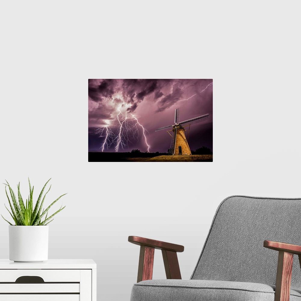 A modern room featuring Lightning storm over a windmill in Western Australia.