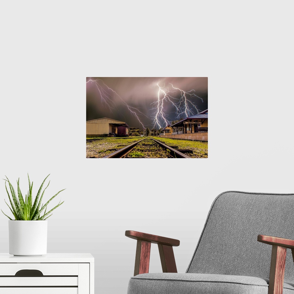 A modern room featuring Lightning over Whiteman Park Train station, Perth, Western Australia.