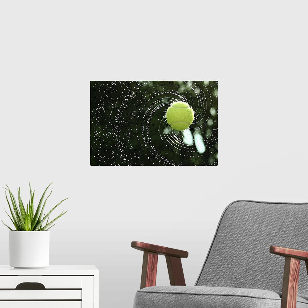 A modern room featuring Tennis ball soaked in water thrown with a top spin.