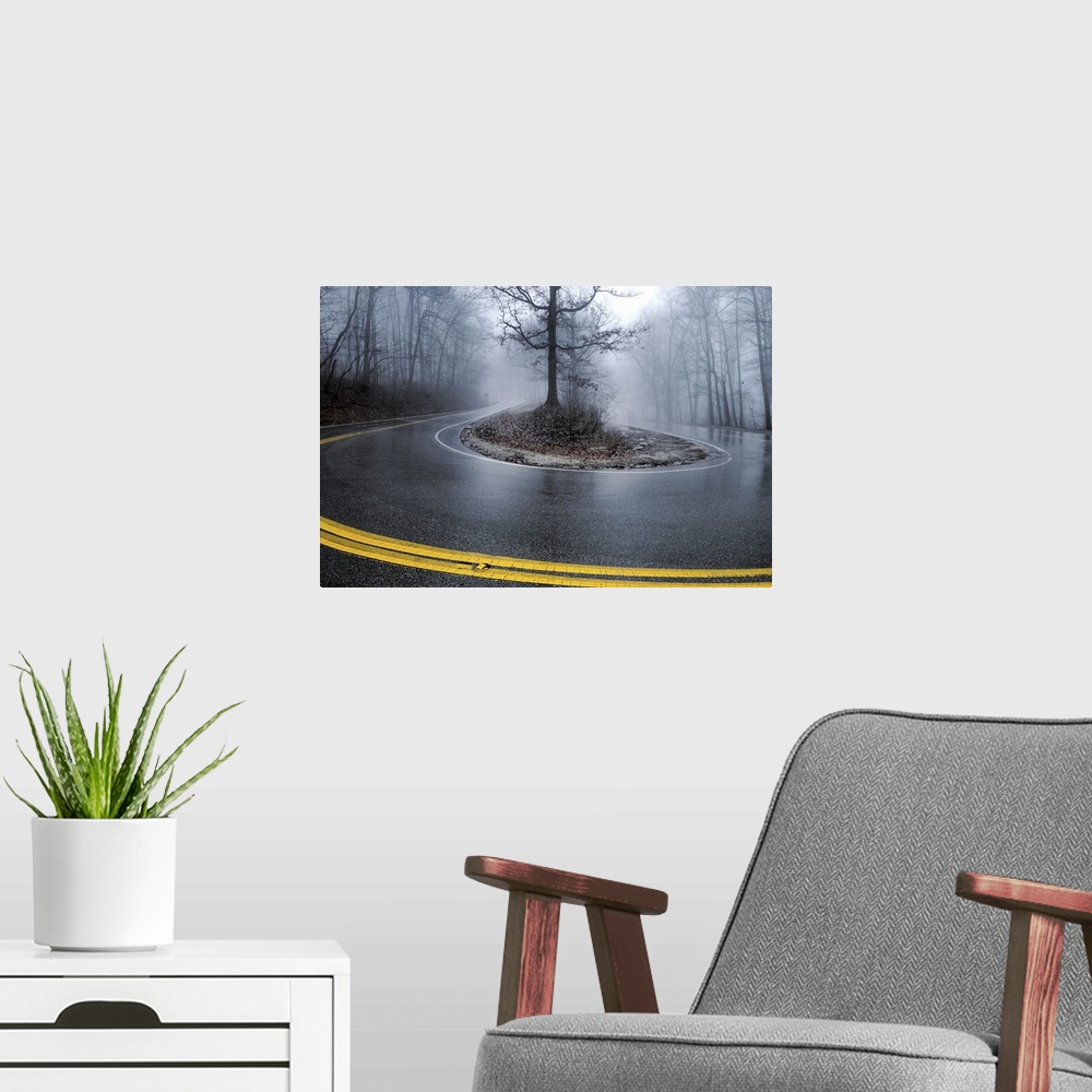 A modern room featuring A great hairpin turn on Monte Sano Mountain with a great foggy background.