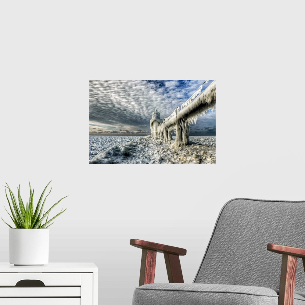 A modern room featuring A pier completely frosted over with ice in the winter, Saint Joseph, Michigan.