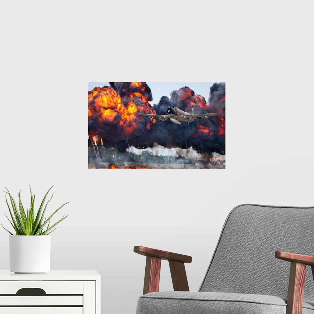 A modern room featuring A military plane flies away from large fiery smoke clouds created by explosions.