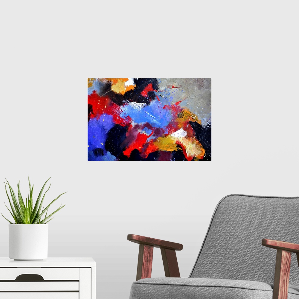 A modern room featuring Horizontal painting with vibrant hues in shades of red, yellow, blue, orange and white mixed in w...
