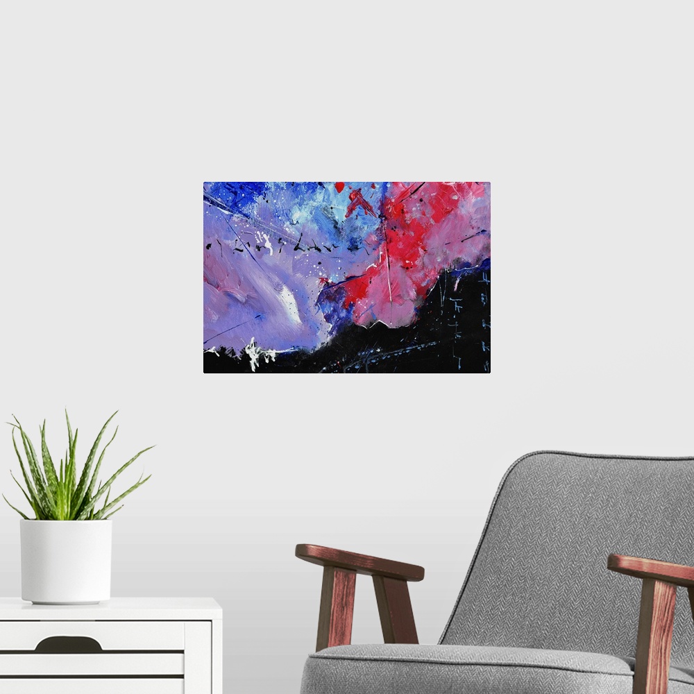 A modern room featuring Abstract painting in shades of black, blue, red and purple with splatters of paint overlapping.