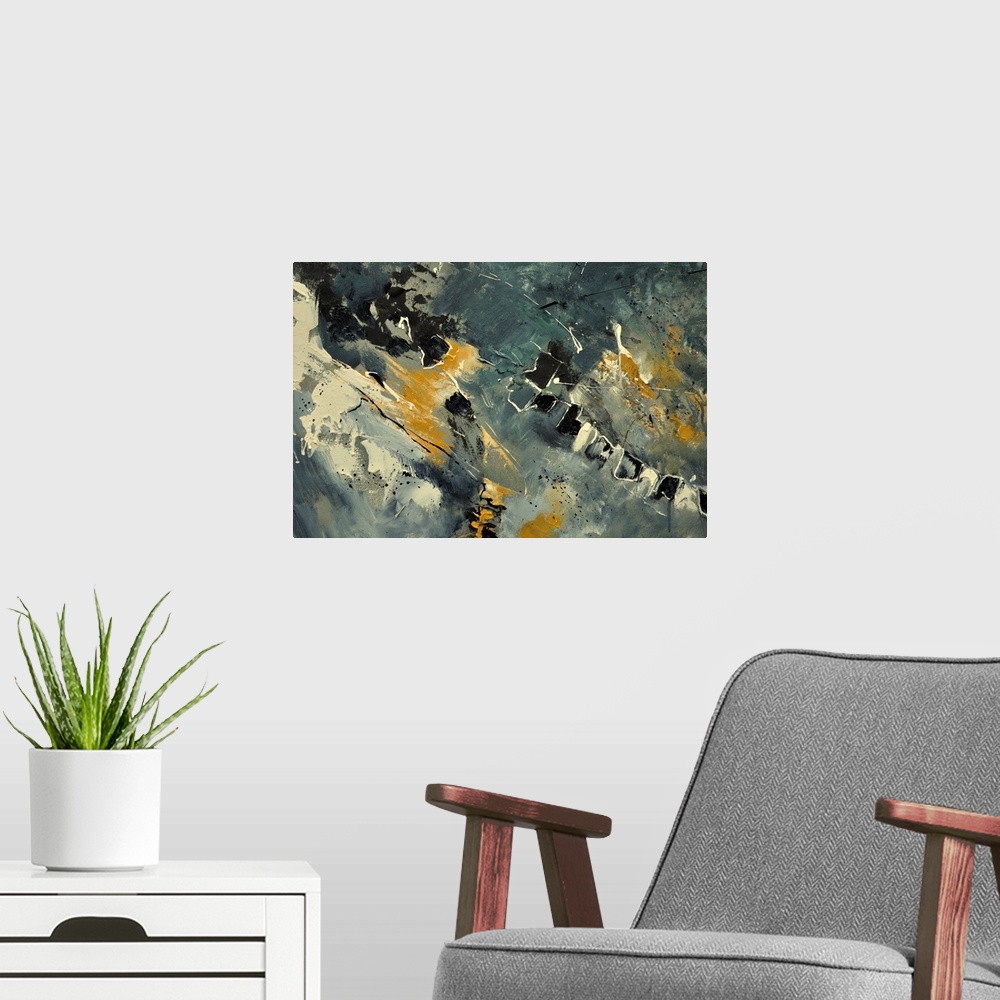 A modern room featuring Abstract painting with muted hues in shades of yellow, gray and white mixed in with black contras...