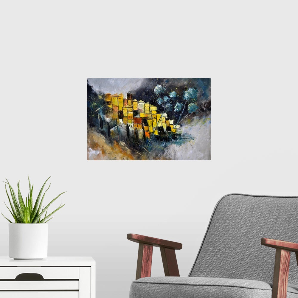 A modern room featuring Abstract painting made in shades of brown, yellow, black and white with a small hint of orange, r...