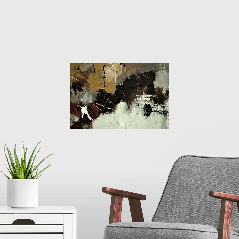 A modern room featuring Abstract painting in shades of brown, gray and white mixed in with black contrasting designs.