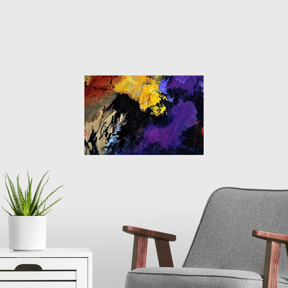 A modern room featuring Abstract painting with vibrant hues in shades of yellow, blue, purple, and brown mixed in with bl...