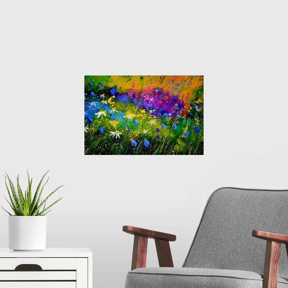 A modern room featuring Horizontal painting of colorful flowers in a garden with small speckles of paint overlapping.
