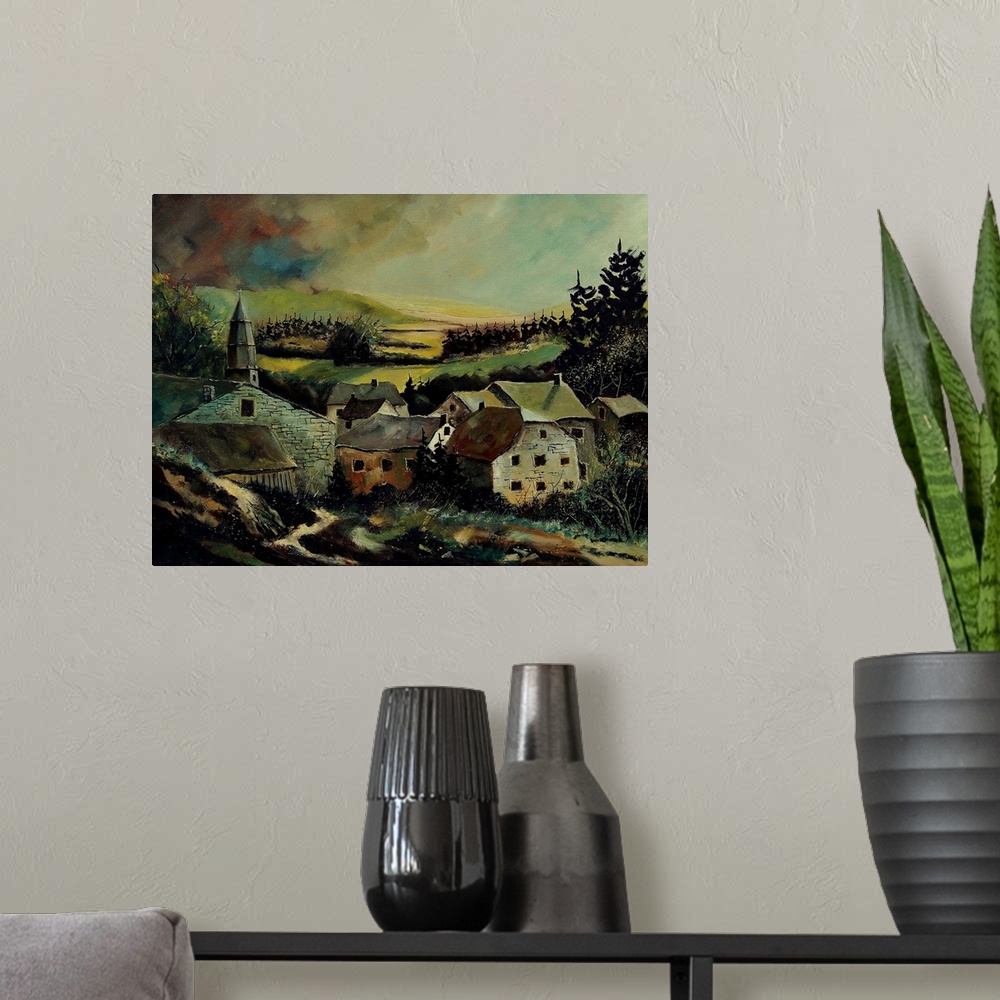 A modern room featuring A low pitched painting of a village in Belgium.